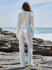 Casual Long Sleeves Crop Top And High Waist Pants Crochet Knit Two Piece Set