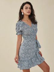 Floral Print Ruffle Knotted Puff Sleeve V-neck Dress