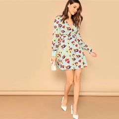 Casual A Line Button Front Deep V-Neck Floral Print Mini Dress