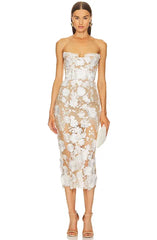 Elegant Strapless Lace Flower Backless Slim Slight Stretch Midi Dress