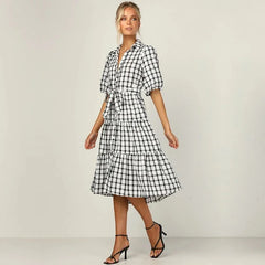 Elegant High Waist Short Sleeve Midi Dress