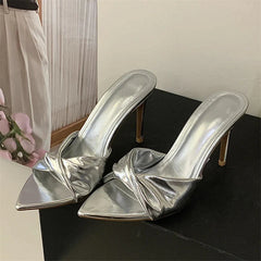 Designer Pleated Pointed Toe Slippers Thin High Heel