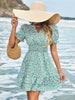 Casual V-neck Ruffled Edge Small Floral Pleated Ruffled Waist Mini Dress
