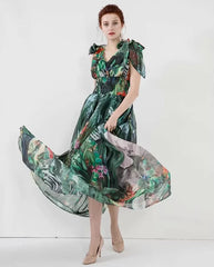 Elastic Waist Deep V-Neck Spaghetti strap Chiffon Maxi Dresses