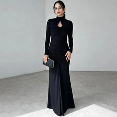 Elegant Turtleneck Hollow Out Long Sleeve Bodycon Maxi Dress