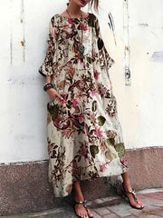 3/4 Sleeve Crew Neck Floral Print Vintage Long Maxi Dress