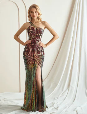 Elegant Sequin Sleeveless One-Shoulder Appliques Formal Evening Maxi Dresses