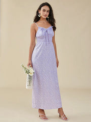 Floral Print Strap Tie Open Back Ruffle Trim Shirred Dress
