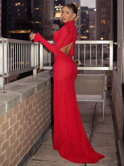 Elegant Solid Hollow Out Turtleneck Full Sleeves Slim Long Vestidos Robes Dress