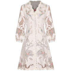 V-Neck Lantern Sleeve Applique Embroidery Dress