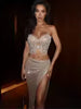 Elegant Strapless Backless Mesh Sequins Beading Skirt Set