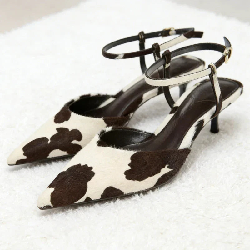Animal Print Decoration Ankle Strap Pumps Pointed Toe Mid High Heel