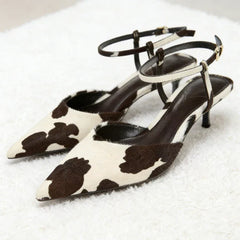 Animal Print Decoration Ankle Strap Pumps Pointed Toe Mid High Heel