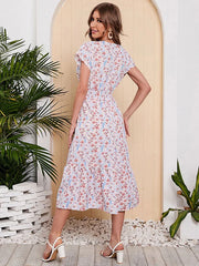 Floral Print Casual Deep V-neck Short Sleeve Mid-length Beach Party Dresses