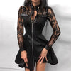 Elegant Stand Neck Zipper Pockets Lace Patchwork Sheath Mini Dress