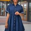 Single Breasted Short Sleeve Lapel Collar Loose Denim Washed Smock Dress