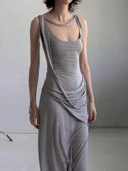 Casual U-Neck Pure Cotton Comfortable With Irregular Waistband Slimming Long Dress