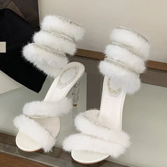 Design Corduroy Crystal Ankle Wrap Strap Sandals Thin High Heel