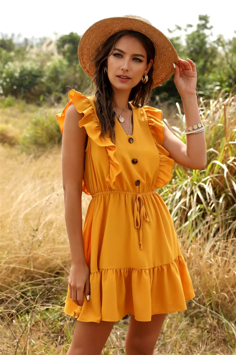 Solid V-neck Ruffled Lace Vintage Single-Breasted Mini Dress