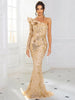 Elegant Sequined Ruffle One Shoulder Floor Length Long Sleeve Evening Event Maxi Dress