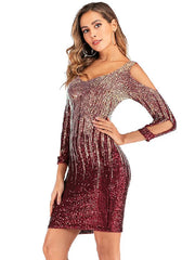 Contrast Color Sequins Long Sleeve Cocktail Dresses