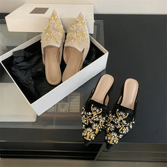 Spring String Bead Embroidery Pointed Toe Slippers Low Heel