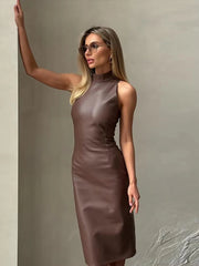 Elegant PU Leather High Collar Sleeveless Slim Fit Party Midi Dresses