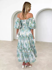 Floral Print Off-Shoulder Short Puff Sleeve Shirred Midi Dress
