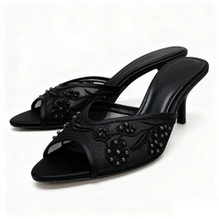 Mesh Embroidery String Bead Slippers Peep Toe Thin Heel