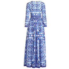 Vintage Long Sleeve Porcelain Print Holiday Maxi Dresses