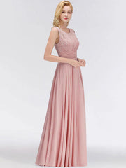 A Line Jewel Neck Floor Length Zipper Lace Wedding Party Bridesmaid Dress