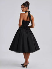 Elegant Backless Pleated Halter Neck A-line Sleeveless Polyester Midi Party Dress