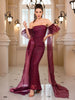 Luxury Puff Sleeves Backless Sequined Strapless Floor Length Evening Maxi Gown