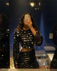 Casual Long Flare Sleeve Slim Glitter Sequins Hollow Out Mini Dress