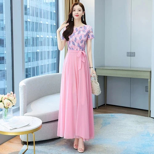 Elegant Round Collar Lace Chiffon Casual Long Dresses