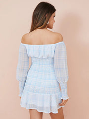 Check Print Off Shoulder Long Sleeve Chiffon Mini Dress