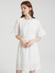 Floral Lace Embroidery Hollow Short Sleeve Casual Dress