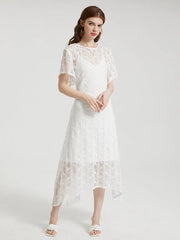Crochet Lace Tie Solid Short Sleeve Two Pieces Dress