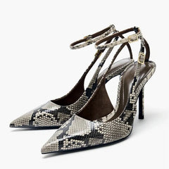 Snake Print Design Pumps Pointed-Toe  Ankle Strap High Heel