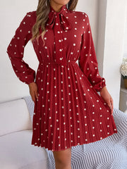 Elegant Lace up Polka Dot Long Sleeved Pleated Dresses