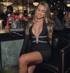 Elegant V-Neck Diamond ChainLong Sleeves Mini Dress