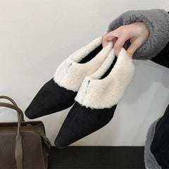 Turned Over Edge Furry Design Pumps Pointed Toe Suede High Heel
