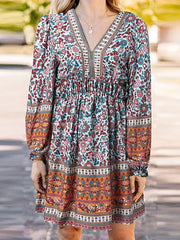 Ethnic Print Patchwork Lantern Sleeve Elastic Waist Midi Dress