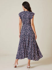 Floral Print Wrap Slit Ruffle Sleeve V-neck Swing Maxi Dress