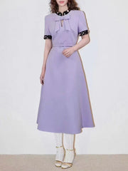 Elegant Round Neck Short Sleeve Patchwork Bownot Long Dress