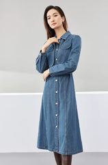 Elegant Leather Belt Single Breasted Long Sleeve Straight Midi Denim Dress