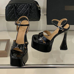 Patent Leather Sandals Platform Square Toe Buckle Strap Shoes