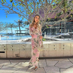 Elegant Ruffle Deep V-Neck Floral Print Bodycon Maxi Dress
