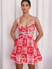 Bohemian Cutout Waist And V-Neck Printed Sleeveless A-line Mini Dress