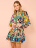 Casual Single Breasted Printed Round Neck Strap Pleated Ruffle Mini Dress